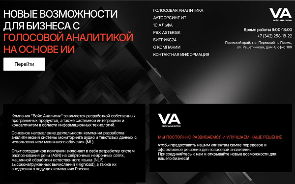 Voice Analytic - сайт разработчика голосовой аналитики на ИИ